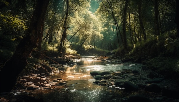 Un bosque con un arroyo y las palabras "la palabra" en él "