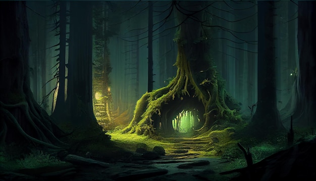 Bosque espeluznante misterio Rama de árbol oscuro fantasía IA generativa
