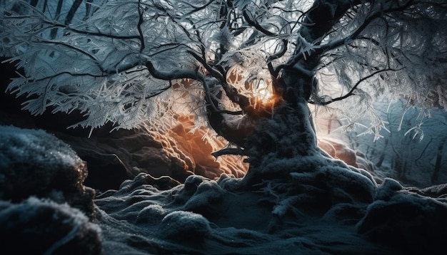 Bosque espeluznante en la oscuridad del invierno generado por IA
