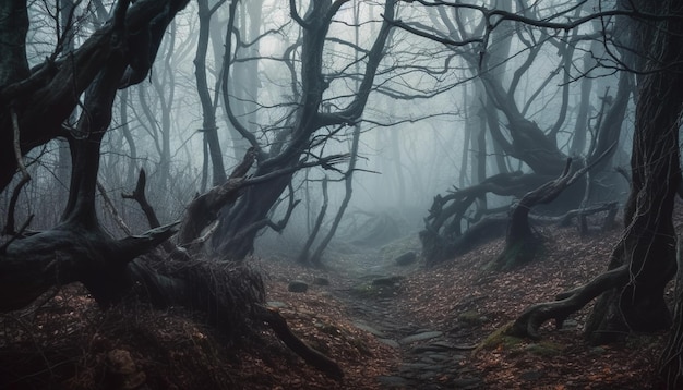 Bosque espeluznante oscuro y misterioso lleno de horror generado por IA