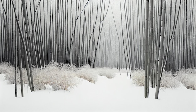 Foto gratuita bosque de invierno árboles cubiertos de nieve bambú y tranquilidad generada por ia