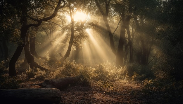 Bosque misterioso amanecer brumoso reina la belleza tranquila generada por IA