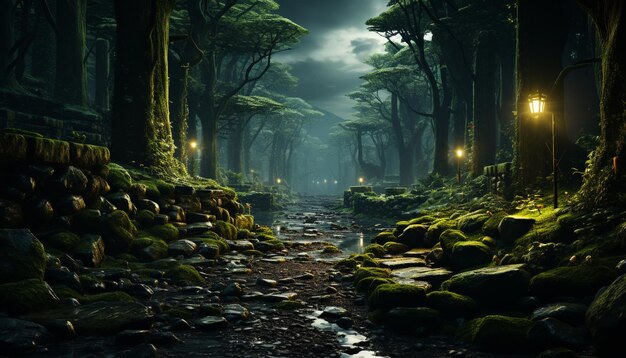 Bosque misterioso en una noche oscura con rocas espeluznantes generadas por inteligencia artificial