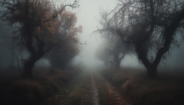 Bosque misterioso en otoño espeluznante y oscuro generado por IA