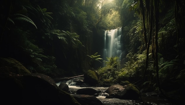 Un bosque oscuro con una cascada al fondo.