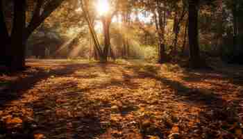 Foto gratuita bosque otoñal vibrante retroiluminado por la luz solar dorada generada por ia