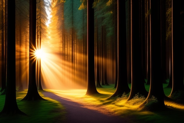 Un bosque con el sol brillando a través de los árboles.