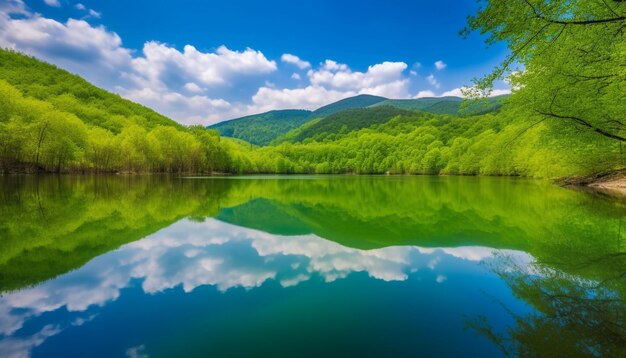 Un bosque verde vibrante se refleja en un tranquilo estanque de montaña en verano generado por IA