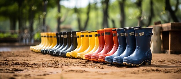 Las botas de los granjeros y los niños en orden tomando el sol del verano