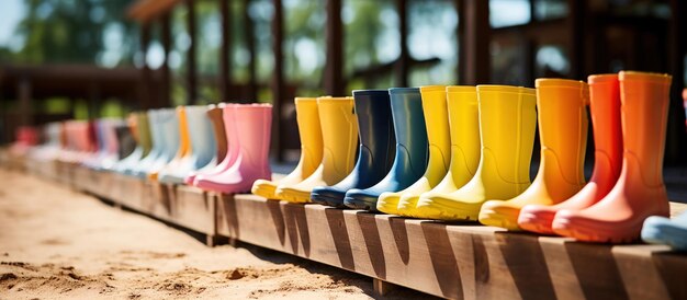 Las botas de los granjeros y los niños en orden tomando el sol del verano