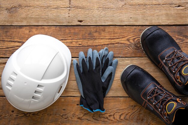 Botas y guantes de casco de trabajo en una vista superior de fondo de madera