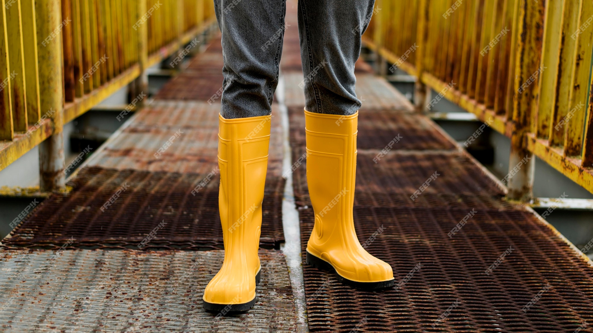 Haciendo fósil Cuervo Botas de lluvia amarillas en puente | Foto Gratis