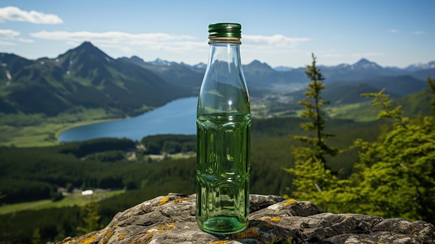 Foto gratuita botella de agua en la cima de una colina montañas en la distancia