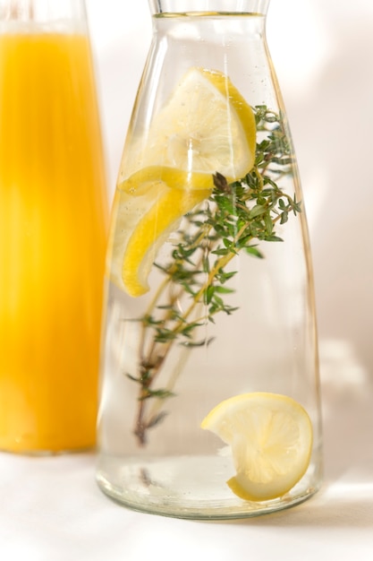 Botella con agua, limón y planta.
