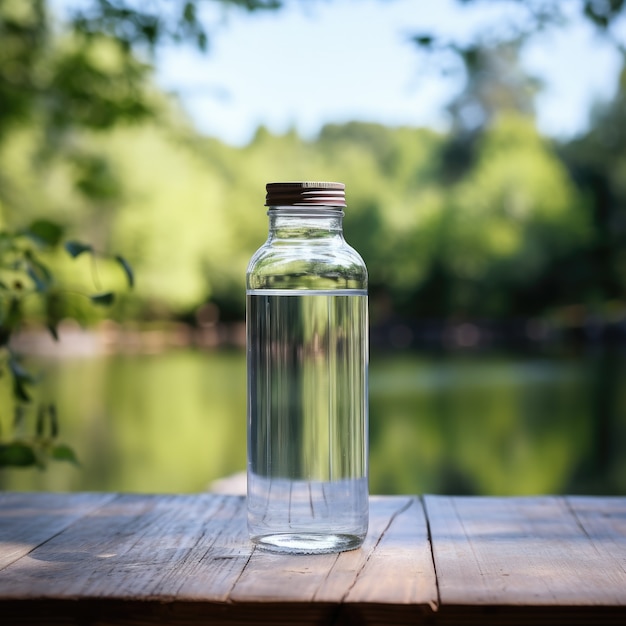 Botella de agua transparente al aire libre