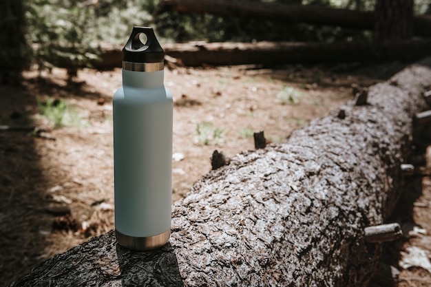 Foto gratuita botella de agua en un tronco en un bosque