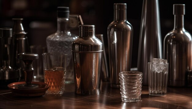 Botella de alcohol con líquido de bebida cerca de la mesa de vidrio de la barra de whisky generado por inteligencia artificial