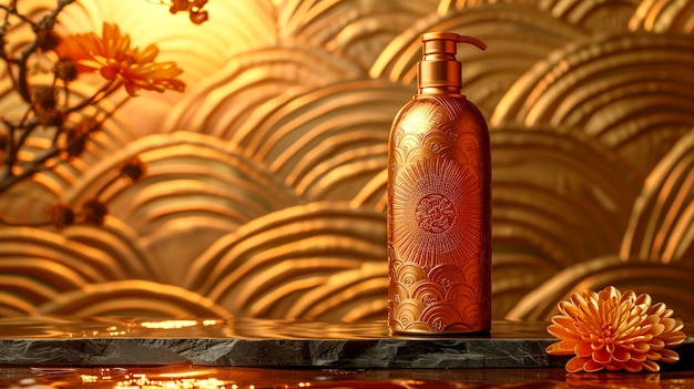 Botella cosmética con lujoso fondo de relieve solar inspirado en el art nouveau