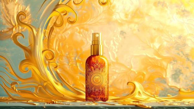 Foto gratuita botella cosmética con lujoso fondo de relieve solar inspirado en el art nouveau