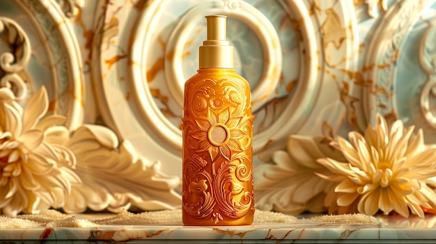 Botella cosmética con lujoso fondo de relieve solar inspirado en el art nouveau