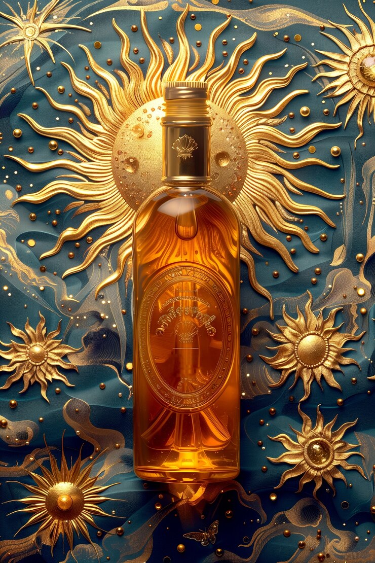 Foto gratuito botella cosmética con lujoso fondo de relieve solar inspirado en el art nouveau