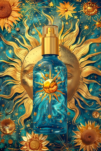 Botella cosmética con lujoso fondo de relieve solar inspirado en el art nouveau