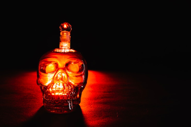 Foto gratuito botella de cristal del cráneo en oscuridad