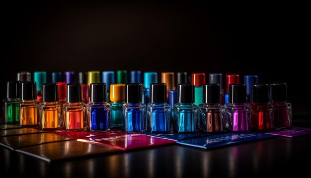 Botella de esmalte de uñas multicolor, pintura líquida, elegancia brillante generada por inteligencia artificial