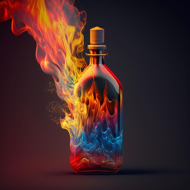 Botella con fuego de colores en el fondo