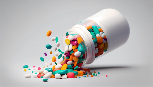 Botella de medicina que derrama píldoras coloridas que representan riesgos de adicción IA generativa