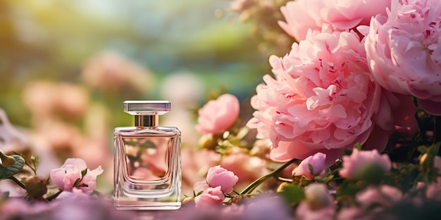 Foto gratuita una botella de perfume se encuentra entre un exuberante tapiz de flores frescas y vibrantes.