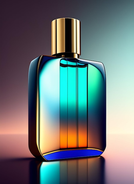 Una botella de perfume con un fondo azul y naranja.