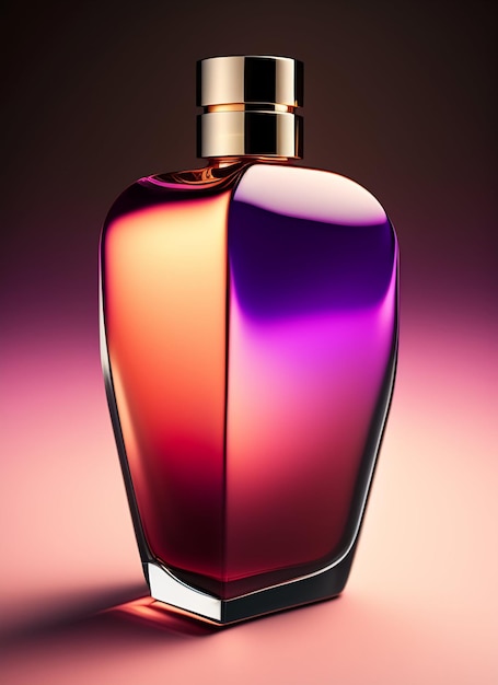 Una botella de perfume con un fondo violeta y naranja.