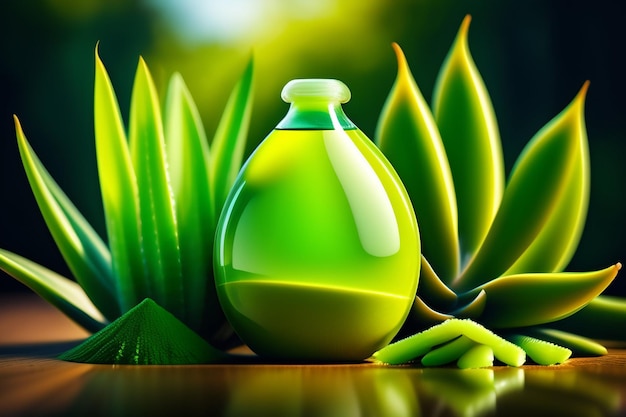 Una botella verde con un líquido verde en el medio se encuentra entre algunas plantas.