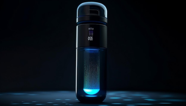 La botella de vidrio brillante refleja la elegancia del líquido azul generado por IA