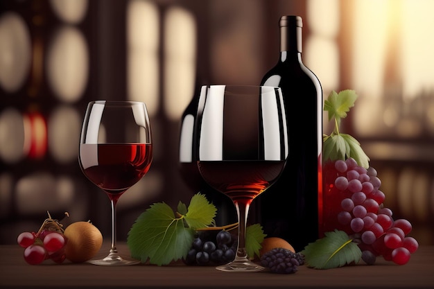 Una botella de vino y dos vasos con uvas sobre la mesa.