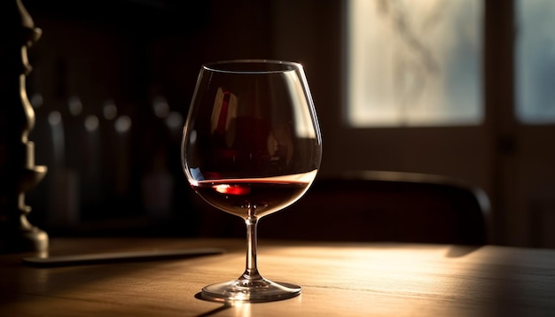 Foto gratuita botella de vino de lujo en una elegante mesa de madera oscura generada por ia