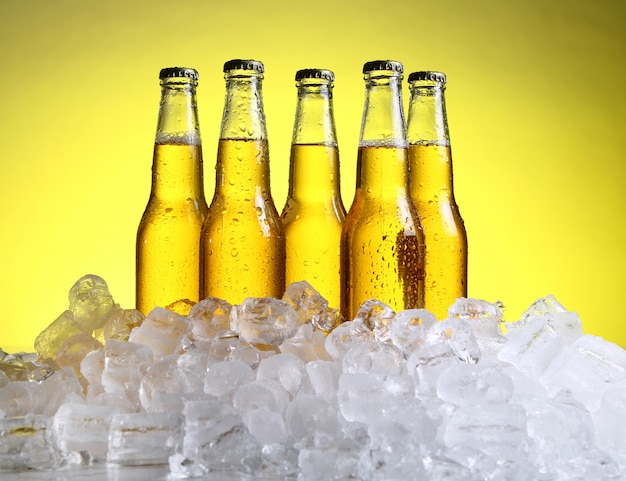 Botellas de cerveza fría y fresca con hielo.