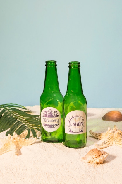 Botellas de cerveza en la playa con conchas