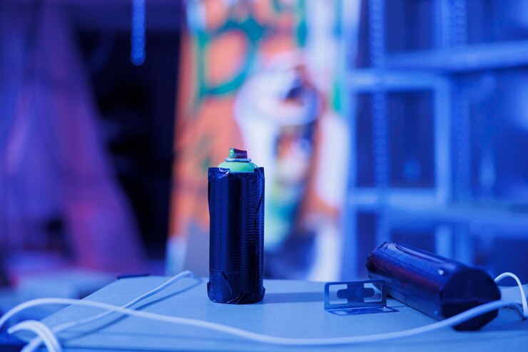 Foto gratuito botellas de pintura en aerosol de graffiti en un almacén urbano abandonado iluminado por luces de neón azul fluorescente. contenedores con aerosoles que brillan en la oscuridad, luces fluorescentes en el espacio del gueto. de cerca.