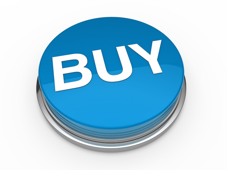 Foto gratuito botón azul que dice "buy"