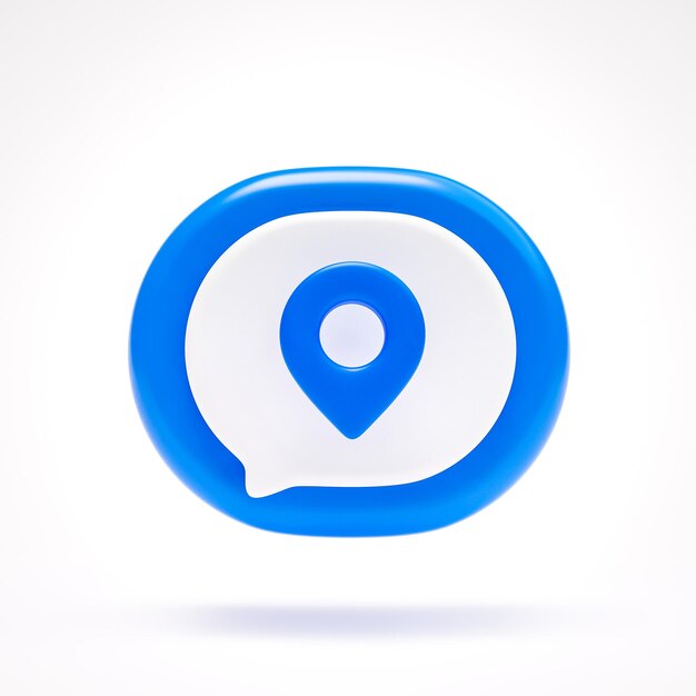 Botón de símbolo de signo de icono de ubicación de mapa de navegación PIN en burbuja de voz azul sobre fondo blanco 3D rendering