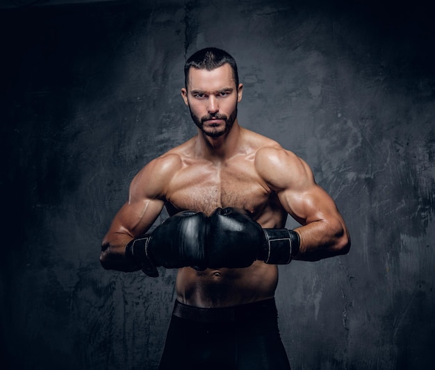 Boxeador sin camisa agresivo sobre fondo gris. foto de estudio