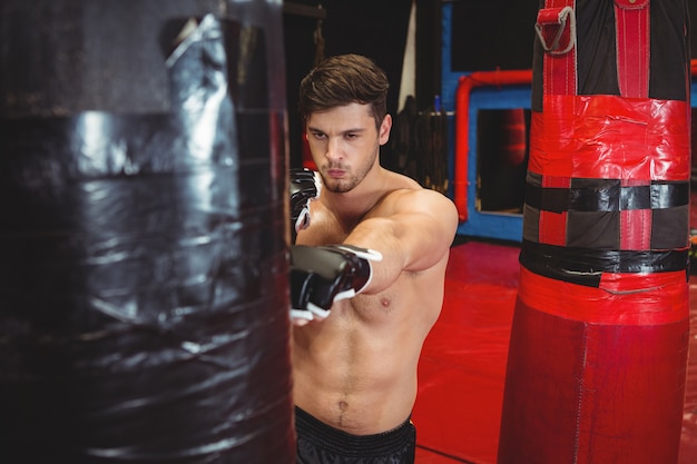 Foto gratuita boxer golpeando una bolsa de boxeo