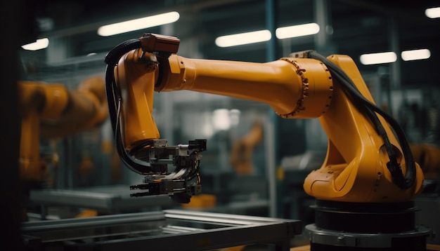 Foto gratuita brazo robótico soldando metal en fábrica automatizada generada por ia