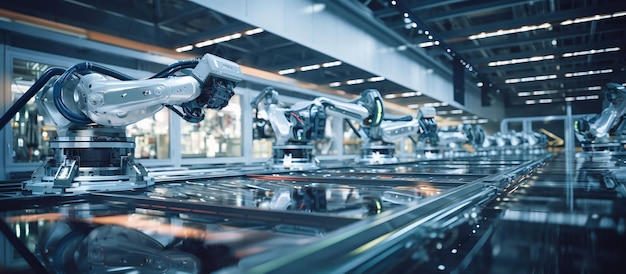 Foto gratuita brazos robóticos trabajando en una fábrica inteligente