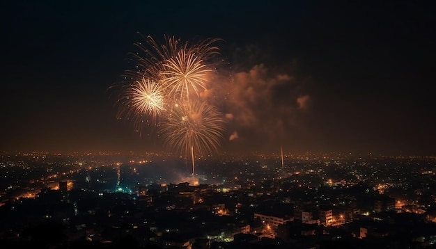 Brillantes fuegos artificiales explotando sobre el horizonte iluminado de la ciudad generado por IA