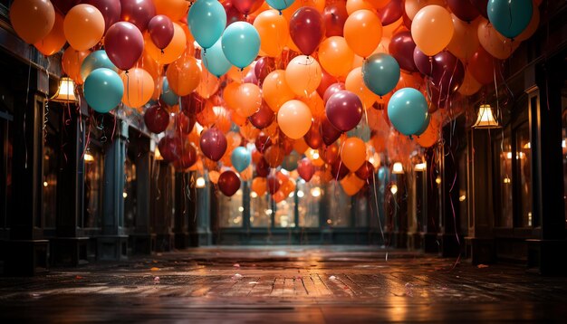 Los brillantes globos multicolores iluminan la noche trayendo alegría y celebración generados por la inteligencia artificial