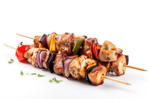 Brocheta de carne con verduras aisladas sobre fondo blanco Ai generativo