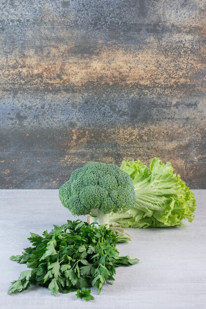 Brócoli, hojas de cilantro y lechuga sobre superficie de piedra. Foto de alta calidad